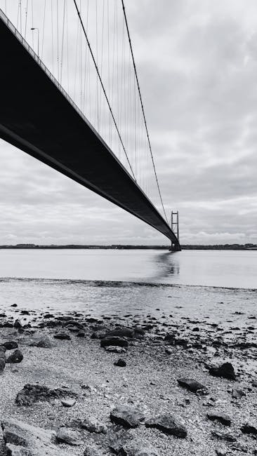 A black-and-white photograph taken from a low angle shows the underside of a large suspension bridge extending across a wide river or estuary. The bridge's dark roadway and supporting cables are prominent in the upper left part of the image, with the cables hanging in parallel lines toward the right. The background reveals a cloudy sky and a distant shoreline with minimal detail. In the foreground, a rocky, pebbled shoreline with scattered stones and small patches of sand is visible, indicating a natural environment adjacent to the water. The overall scene emphasizes structural engineering and the environmental context of a river crossing, relevant to discussions of infrastructure and site clearance in waste management or urban development projects.